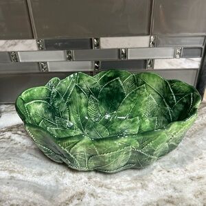 Vintage Majolica  bowl Hand Paint Italy HOLIDAY GREEN leaf bowl Xmas  ceramic